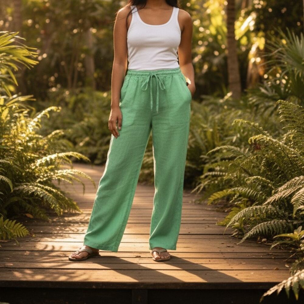 NWT Angela Mara Pants Womens Medium Gucci Green Pure Linen Wide Leg Italy